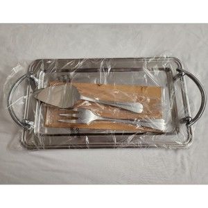 Brand New ULTA Beauty STAINLESS STEEL 3 PC SERVING SET 8x14 TRAY & Utensils